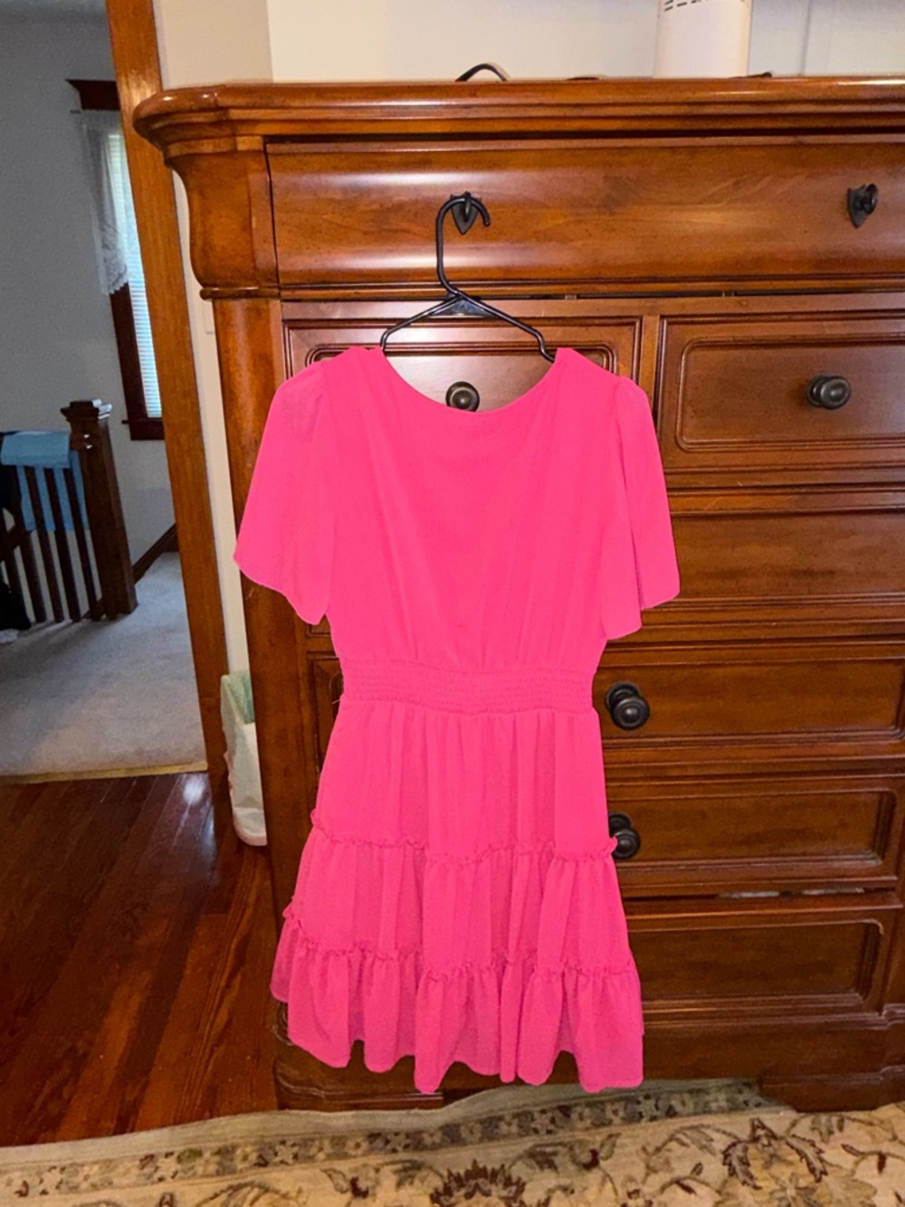 Zattcas Hot Pink Ruffle Tiered Dress Size Small | Flutter Sleeve - Picture 2 of 7